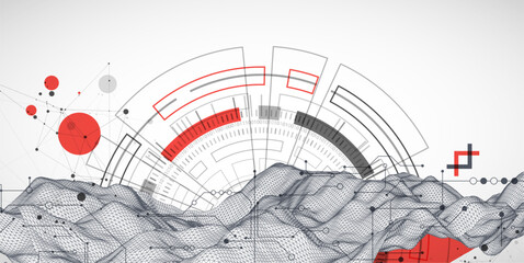 Wall Mural - abstract data background with wireframe wave and circuit lines. technology concept. vector