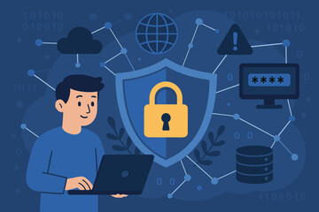 cybersecurity technology vector illustration. man with laptop securing data and privacy. internet ne