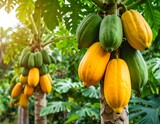 Tropical papaya fruits on trees