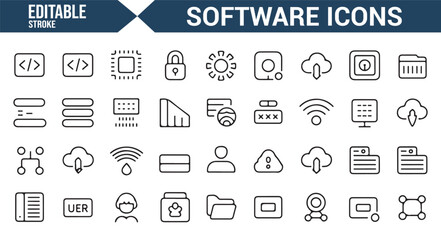 modern software interface icons featuring cloud, code, and data protection.
