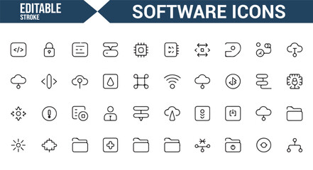 Set of vector icons for digital software, cloud services, and coding tools.