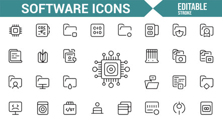 Editable vector icons for app development, cloud storage, and security tools.