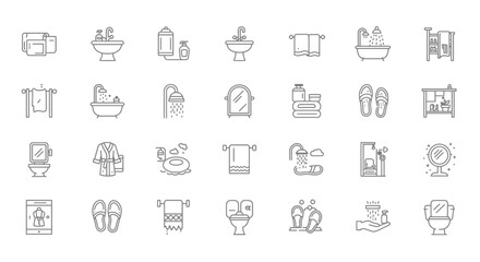  Bathroom line icon set. Bath, room, sink, washbasin, toilet, shower, soap, mirror, towel, robe, slippers and more. Outline vector icon in linear style. Pictogram collection, in black and white design
