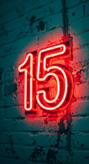 Wall Mural - red neon number fifteen on a teal brick wall, showcasing a vibrant, urban aesthetic suitable for nig