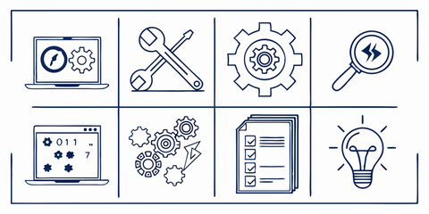 Vector illustration set of engineering and technology icons on a white background, suitable for various design projects