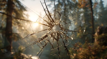 A broken mirror suspended in mid-air, cracks radiating from the center, reflecting a misty forest with golden sunlight piercing through the trees.