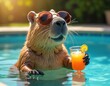 © miss irine - Capybara relaxes in swimming pool, wearing sunglasses, holding refreshing cocktail with lemon. Tropical vacation, summer fun. Rodent enjoys sunny day, leisure activity in resort pool.