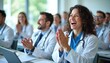 © miss irine - Medical professionals applauding success at seminar. Happy doctors in white coats at conference. Doctors meeting, celebrating victory. Teamwork, education and healthcare, medicine theme.