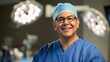© D.Y.Motion - Smiling Hispanic male surgeon in blue scrubs and surgical cap. Bright operating room with medical equipment in the background.
