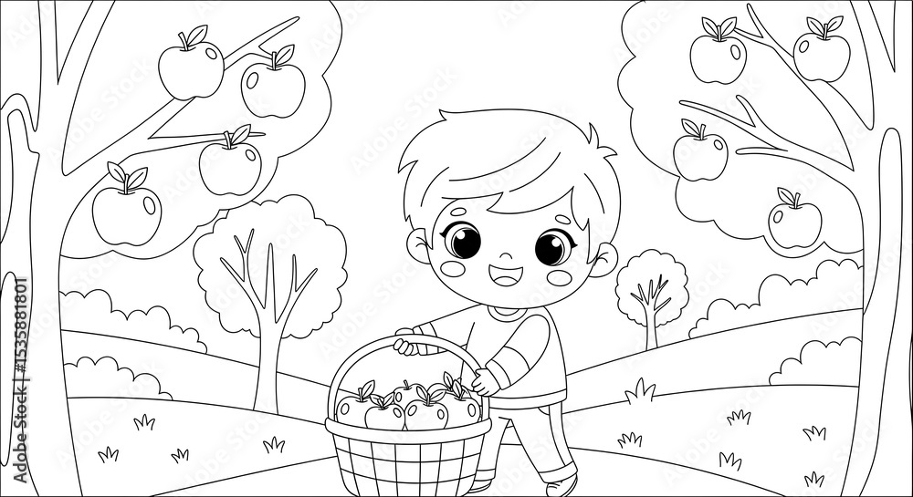 Apple picking coloring page for kids: a fun autumn activity with boy ...