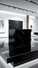 Wall Mural - minimalist modern art gallery interior featuring abstract paintings and sculptural cube displays in 