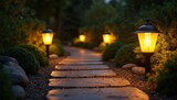 Solar lanterns illuminate stone garden path at night. Warm lights along pathway through green bushes, trees. Night photography for landscaping, home decor, outdoor design inspiration. Solar lanterns illuminate stone garden path at night. Warm lights along pathway through green bushes, trees. Night photography for landscaping, home decor, outdoor design inspiration.