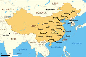  Vector Map of China with Major Cities and Neighboring Countries – Editable Illustration