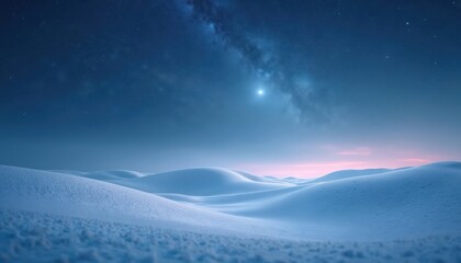 Serene winter landscape with rolling snow hills under a starry night sky. Peaceful, calm scenic nature with a stunning blue and pink twilight glow, featuring bright celestial stars.