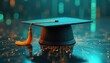 © miss irine - Futuristic graduation cap on digital circuit background. Modern tech concept of education achievement degree. Celebratory academic illustration, representing success in information tech, engineering.