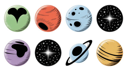 Wall Mural - eight colorful planets and twinkling stars float on a transparent background, creating a whimsical a
