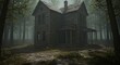 © Andrew - Spooky abandoned house in dark foggy forest scene illustration 3d old art gray scary trees eerie