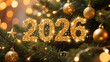 © Hamid - A festive, golden Christmas scene with bold 2026 text crafted from sparkling, glittering particles that shimmer like stardust. Happy New Year, Happy New Year 2026, Merry Christmas And Happy New Year
