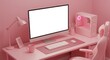 © Djemari - Pink computer setup with a blank screen, desk, and gaming chair.