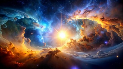 Wall Mural - Dramatic cosmic scene featuring ethereal clouds illuminated by a vibrant sunburst with a nebula effect, creating an otherworldly atmosphere