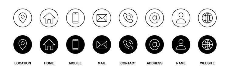 contact icons including location, address, home, mobile, phone, call, email, envelope, globe, global