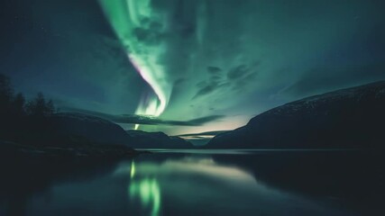 Wall Mural - luminescent green aurora borealis swirling across starry nocturnal sky, casting ethereal reflections
