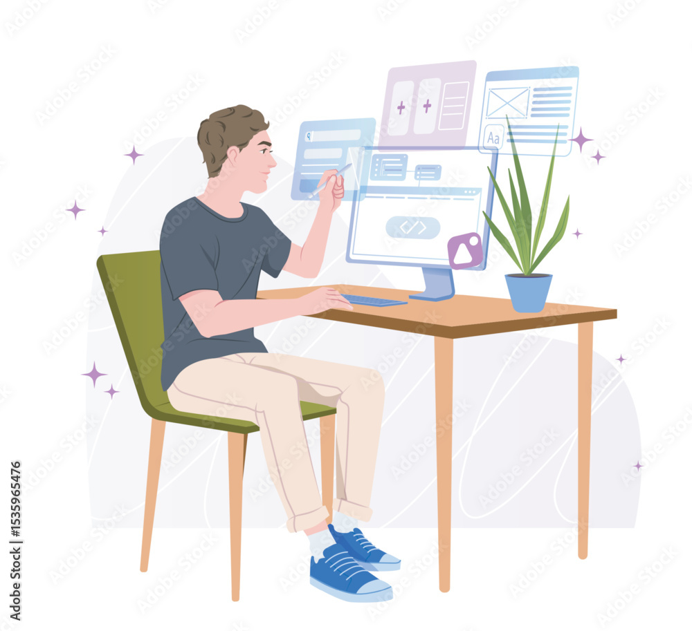 A young man coding at a desk with a plant and digital UI elements floating above the screen, in flat cartoon style on a light background. Concept of web development. Vector illustration