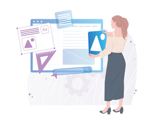 Wall Mural - woman holding image element arranging webpage layout with icons, ruler, and digital interface in mod
