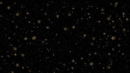 Wall Mural - golden snowflakes and glittering particles on black background loop
