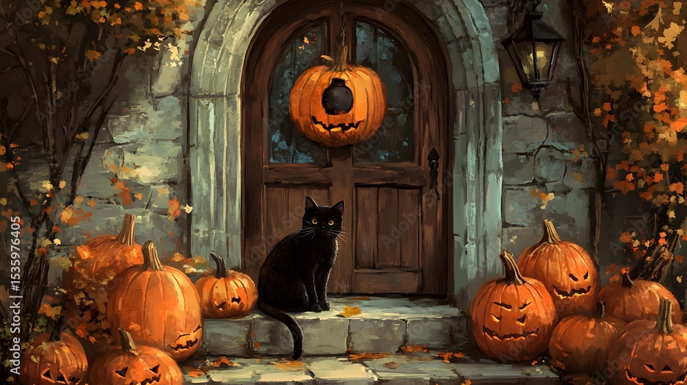 Halloween scene with pumpkins and a black cat at a doorway. Stock ...