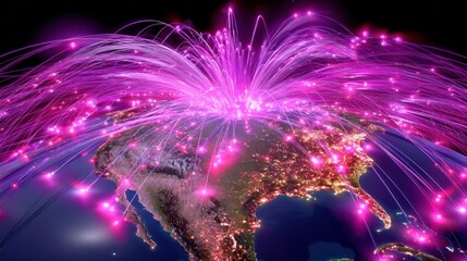 Sticker - global network connection over north america, data transmission, telecommunications technology.