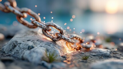 breaking free rusty chain links sparks abandoned industrial site macro photography urban environment