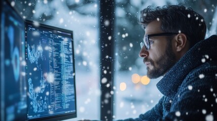Focused programmer working in winter atmosphere with coding on the monitor screen