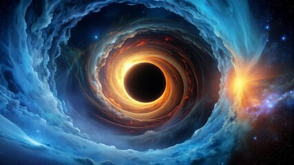 Wall Mural - Ethereal cosmic scene featuring a black hole, swirling clouds of orange and blue, and sparkling starlight against dark space