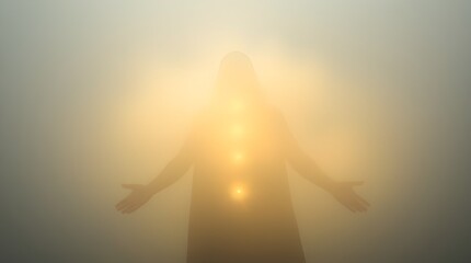 Wall Mural - A mysterious silhouette with outstretched arms is surrounded by a glowing aura, featuring bright, aligned lights along the body. The atmosphere is ethereal and mystical