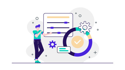 Man pointing to settings menu with gear. Suitable for technology concepts, digital devices, software settings, tech support themes. Business presentation.