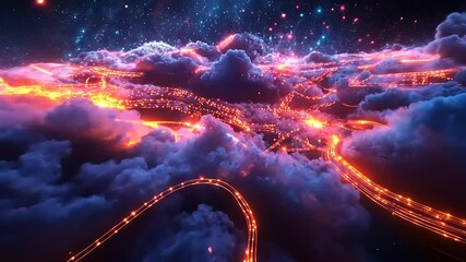 Wall Mural - A vibrant cosmic landscape with glowing pathways weaving through colorful clouds under a starry sky
