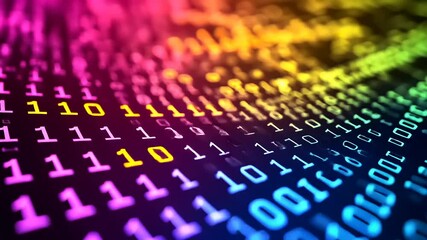 Colorful binary code flowing in a digital landscape, representing data and technology in motion