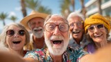 Happy Senior Friends Enjoying Summer Vacation Selfie Tropical Beach Smiling Elderly People Retirement Travel Holiday Fun Active Aging Friendship Group Photo Outdoors Happiness sun 