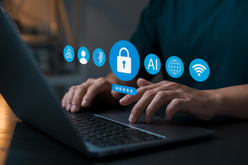 Wall Mural - cybersecurity and digital access with ai technology. person typing on laptop with virtual password, 