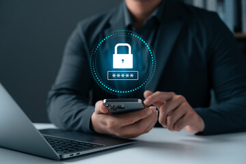Wall Mural - cyber security and data protection, businessman using smartphone with password login interface and s