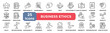 © BAMBANG G - Business Ethics icon collection set. Containing values,compliance,responsibility,transparency,honesty,trust,accountability,conduct,standards,principles icon. Simple line vector.