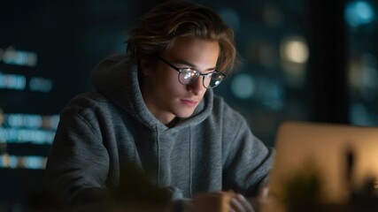 Night Coder at Work: Illuminated by the laptop's glow, a programmer in a hoodie engrossed in code, epitomizing late-night dedication in the digital age.