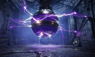 Wall Mural - a futuristic energy sphere emitting electric arcs in a dimly lit industrial environment