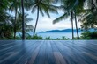© 10 - Empty wooden deck overlooking a tropical bay. Lush palm trees frame the tranquil ocean view