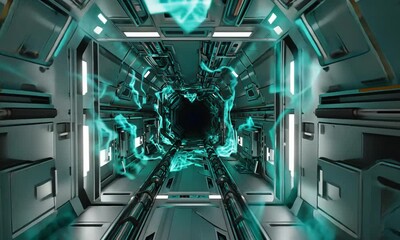 Wall Mural - futuristic tunnel with glowing electric arcs, showcasing advanced technology in a sci-fi setting