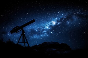 silhouette of powerful telescope points towards mesmerizing, star-filled night sky with vibrant, blu