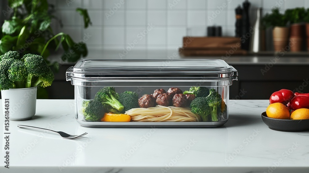 Meatballs Container Prepared pasta and meatballs in a clear container Stock Photo | Adobe Stock