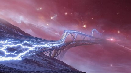 Wall Mural - a futuristic bridge illuminated by electric arcs spans a cosmic landscape filled with stars