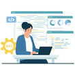 © Space - Software Development Illustration. Vector illustration of A female developer works with multiple code windows and API gear icon to integrate systems. Isolated on background